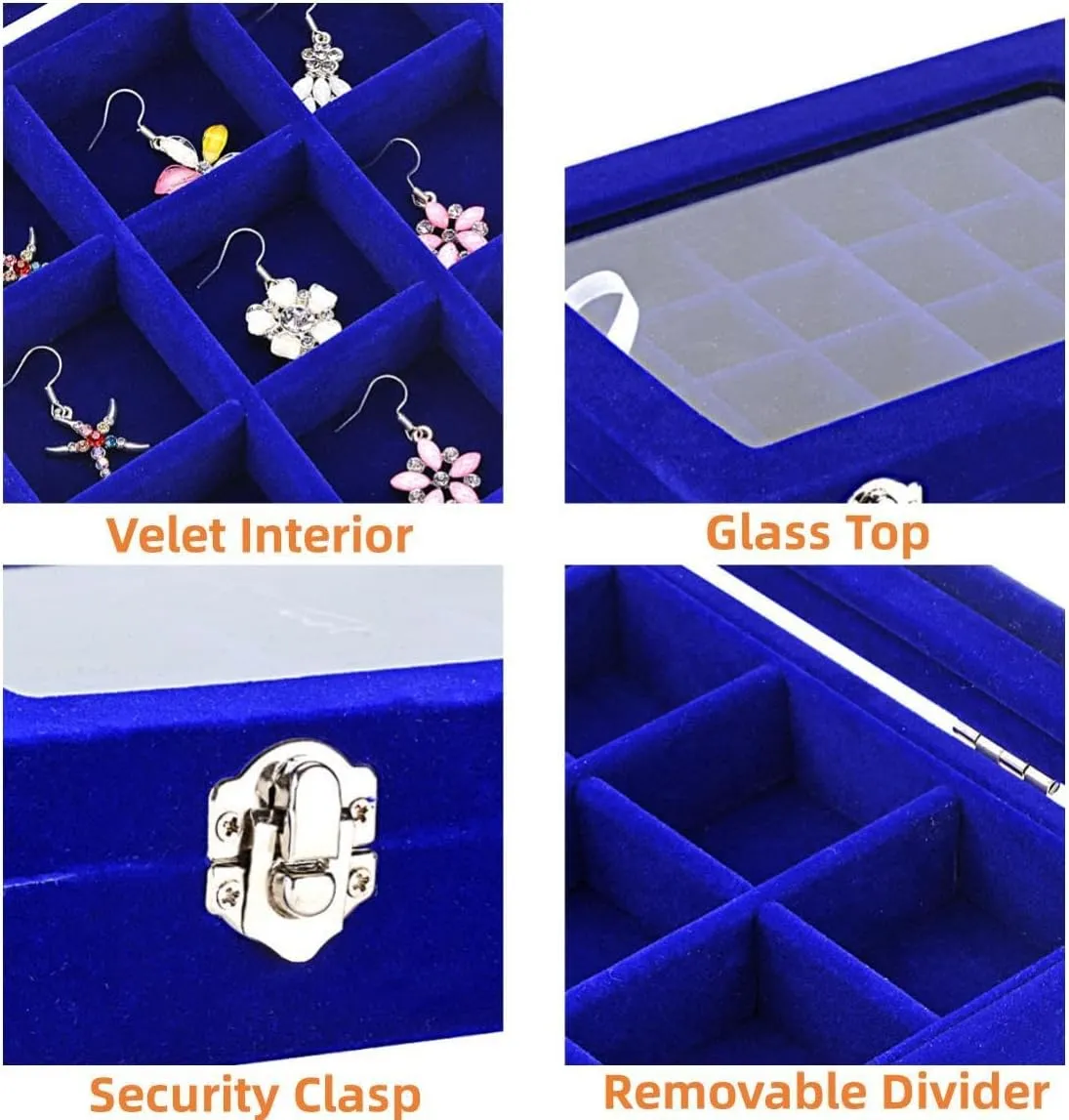 24 Section Velvet Glass Jewelry Ring Display Organiser Box Tray Holder Earrings Storage Case (Blue)