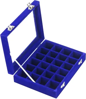 24 Section Velvet Glass Jewelry Ring Display Organiser Box Tray Holder Earrings Storage Case (Blue)