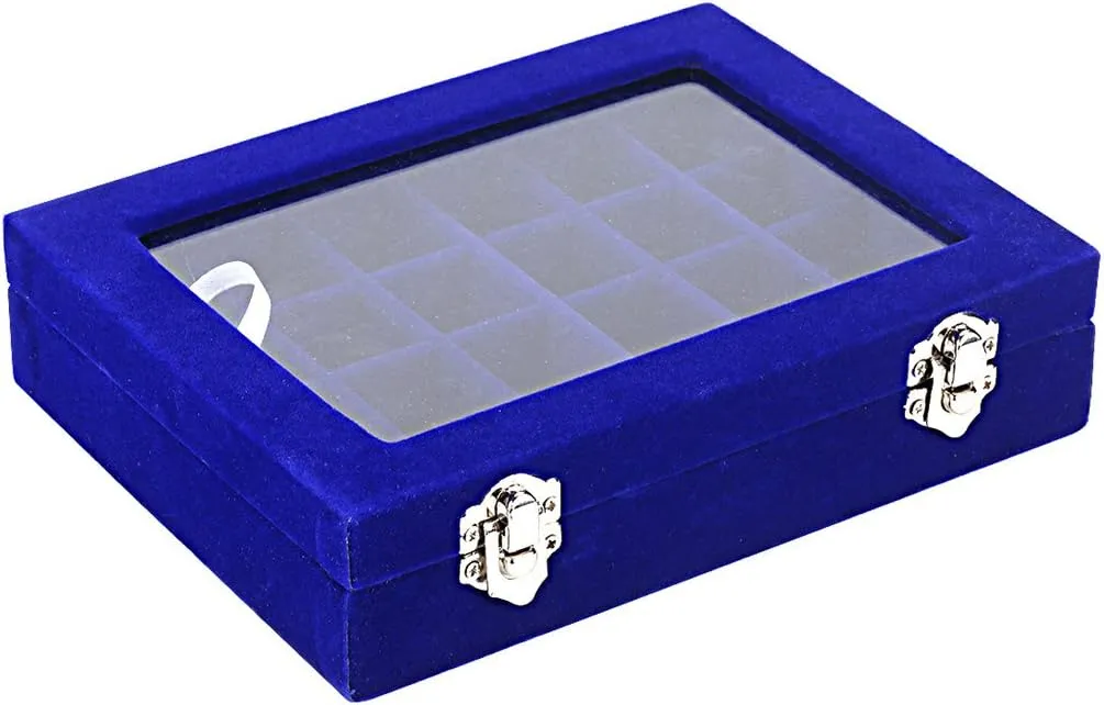 24 Section Velvet Glass Jewelry Ring Display Organiser Box Tray Holder Earrings Storage Case (Blue)