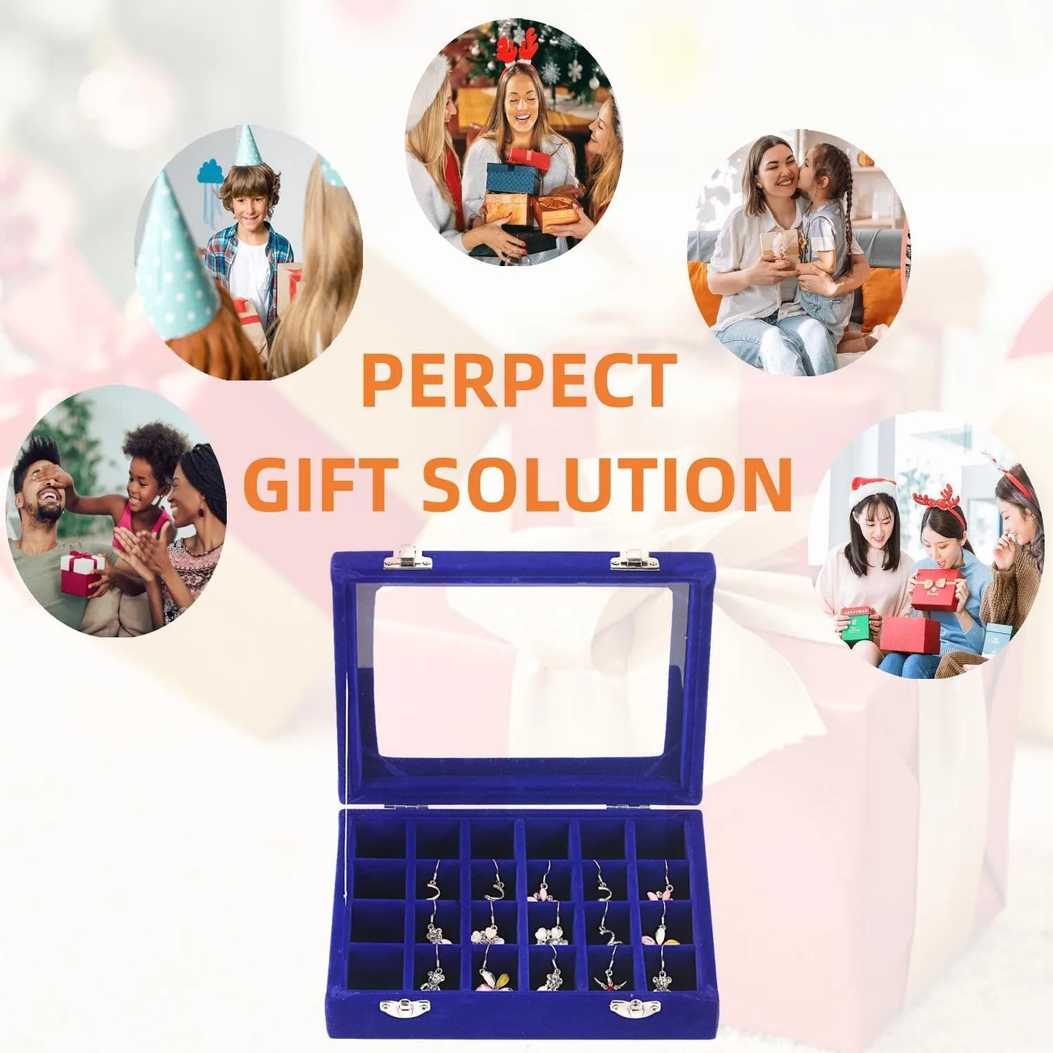 24 Section Velvet Glass Jewelry Ring Display Organiser Box Tray Holder Earrings Storage Case (Blue)