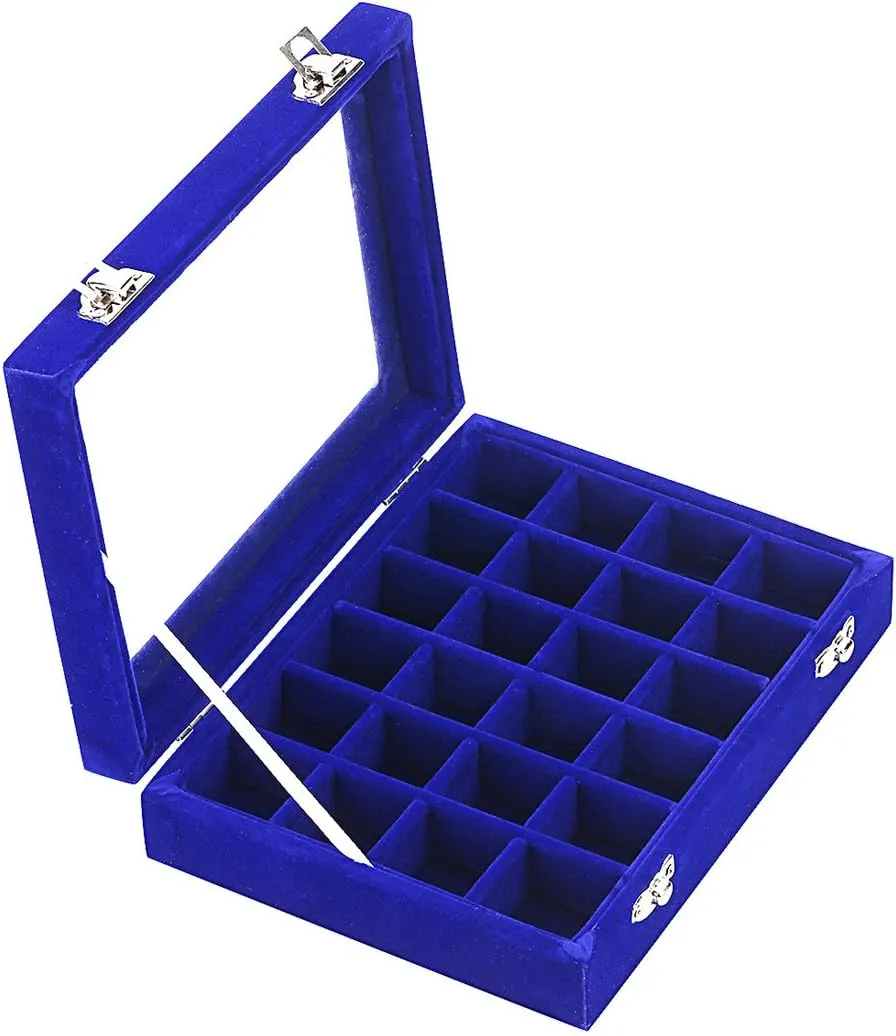 24 Section Velvet Glass Jewelry Ring Display Organiser Box Tray Holder Earrings Storage Case (Blue)