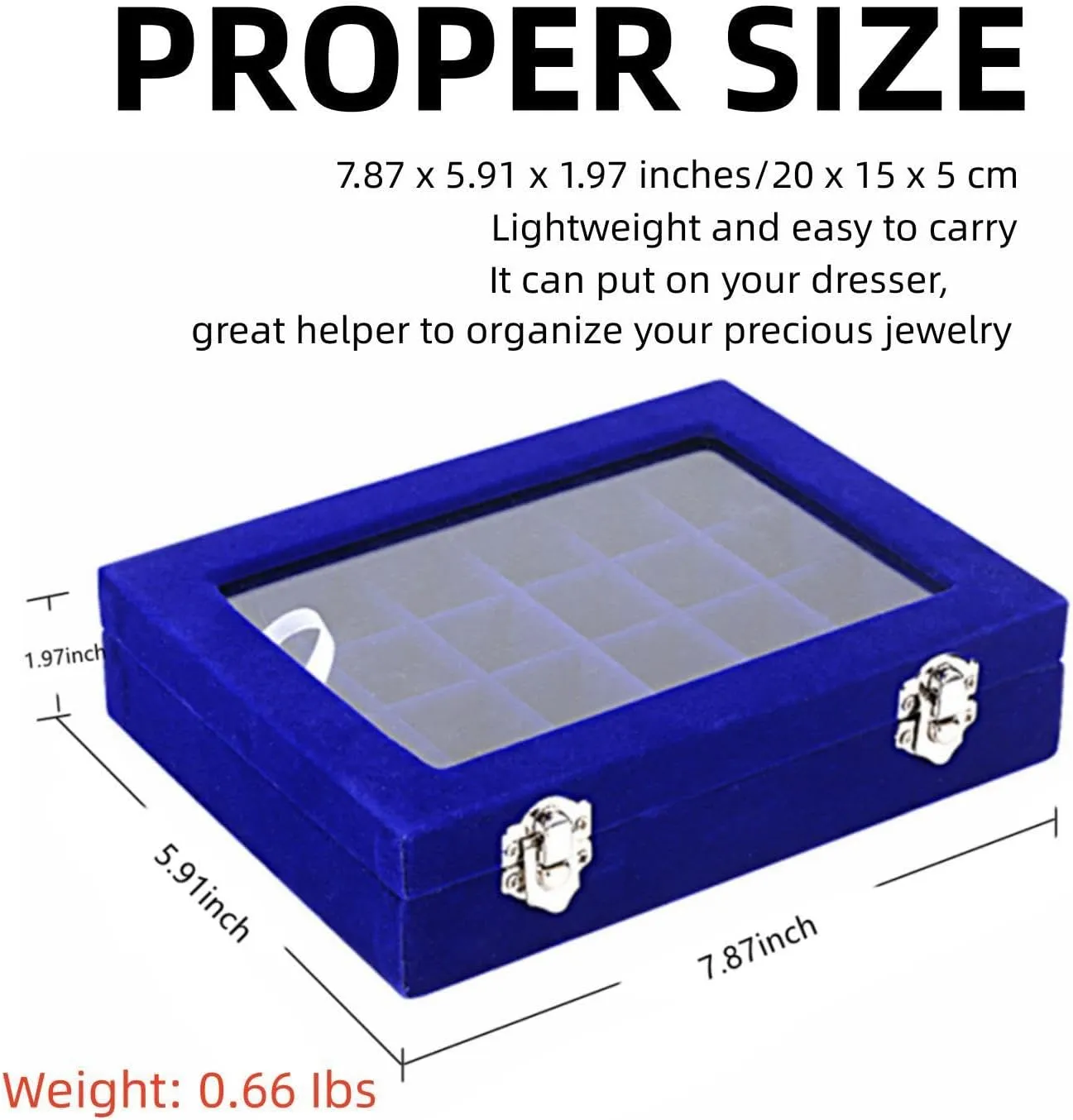 24 Section Velvet Glass Jewelry Ring Display Organiser Box Tray Holder Earrings Storage Case (Blue)
