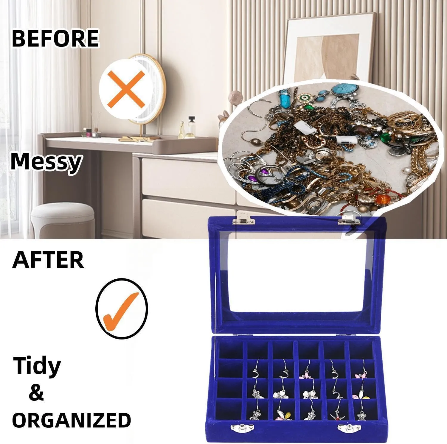 24 Section Velvet Glass Jewelry Ring Display Organiser Box Tray Holder Earrings Storage Case (Blue)