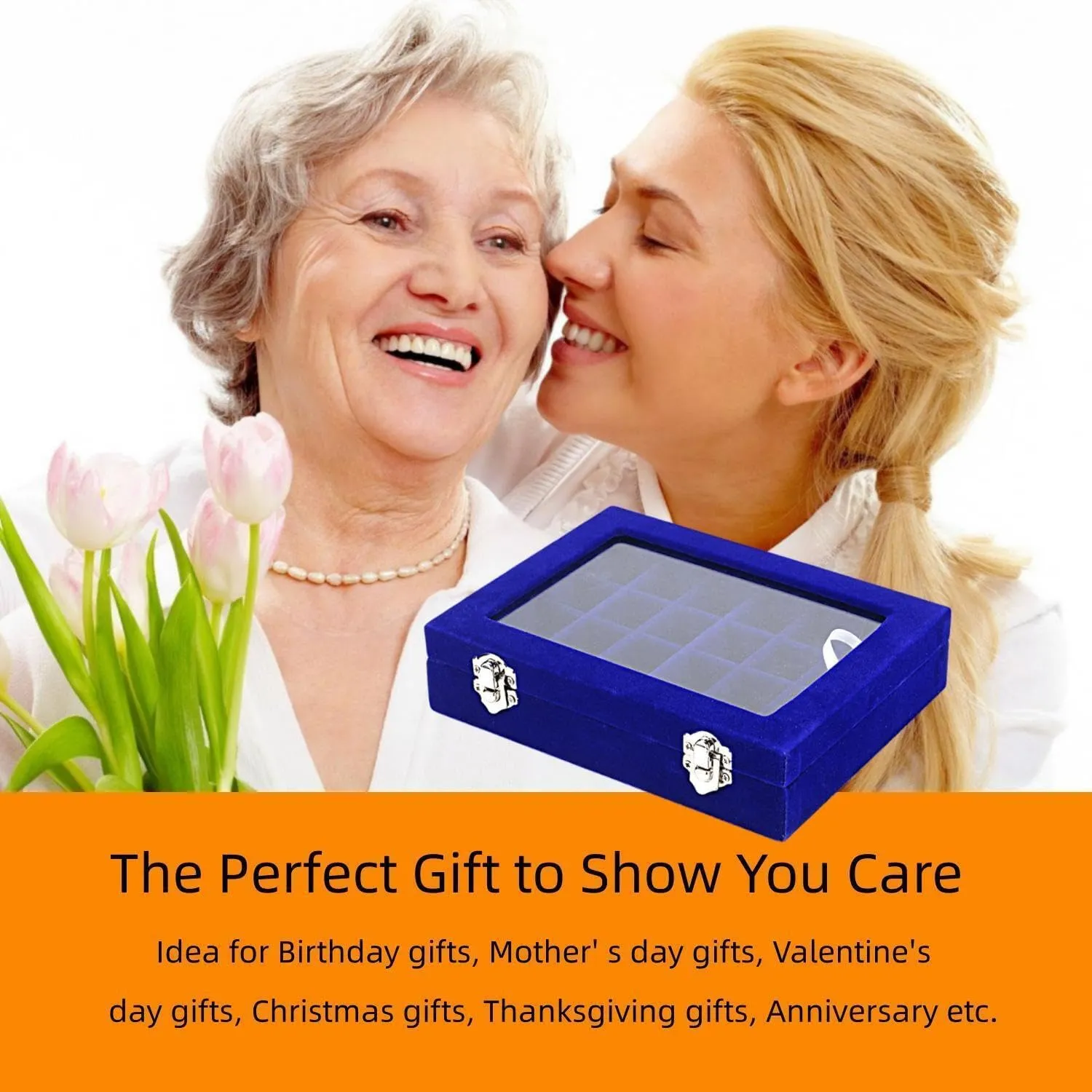 24 Section Velvet Glass Jewelry Ring Display Organiser Box Tray Holder Earrings Storage Case (Blue)