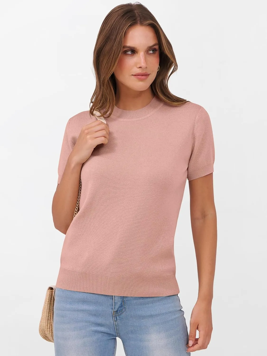 ANRABESS Womens Short Sleeve Sweaters Wool Blend Crew Neck Sweater Shirts Business Casual Work Tops 2025 Summer Outfits
