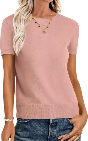 ANRABESS Womens Short Sleeve Sweaters Wool Blend Crew Neck Sweater Shirts Business Casual Work Tops 2025 Summer Outfits