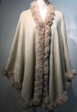 Cape-Faux Fur-Fur-Capes-ruana-coat-blanket-Caplet-Wrap-Shrug-Sweater-Poncho-dress shawl (Wool blend cape with faux fur trim - Ivory White)
