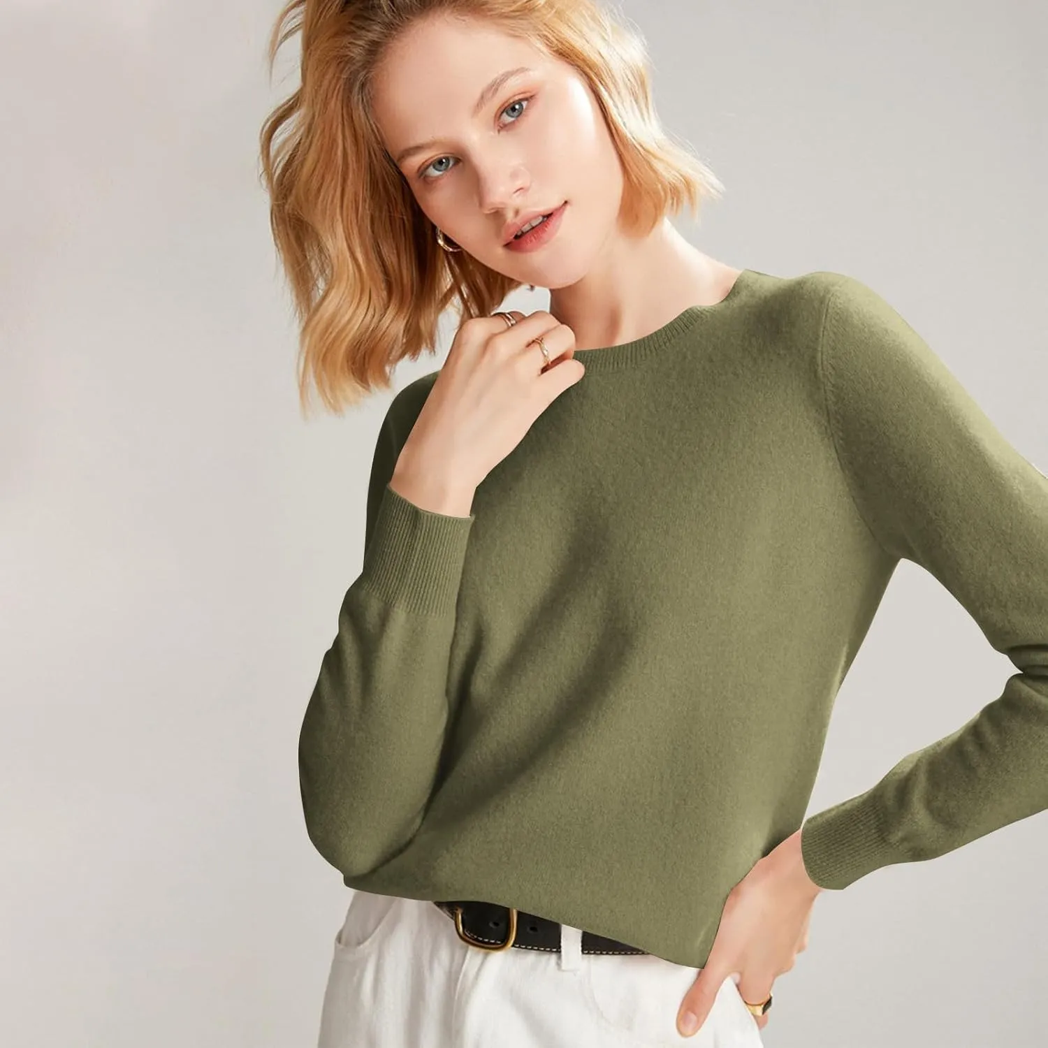 Cashmere Sweaters For Women Long Sleeve Loose Pullover Crew Neck Tops Solid Lightweight Wool Knit Sweaters