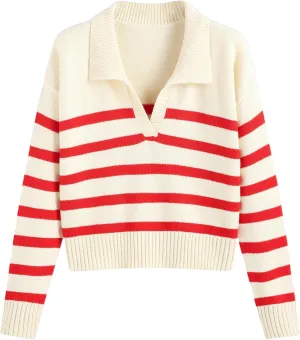 CIDER Womens Polo Sweater Striped Collared Lightweight Long Sleeve V Neck Pullover Fall Sweater Tops 2024