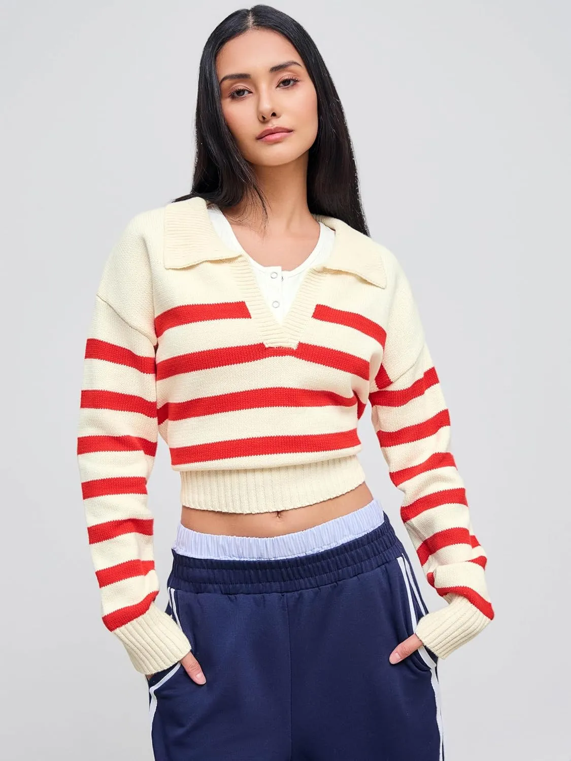 CIDER Womens Polo Sweater Striped Collared Lightweight Long Sleeve V Neck Pullover Fall Sweater Tops 2024