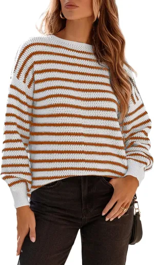 Dokotoo Sweaters for Women Crewneck Long Sleeve Striped Color Block Loose Knit Pullover Sweater Tops
