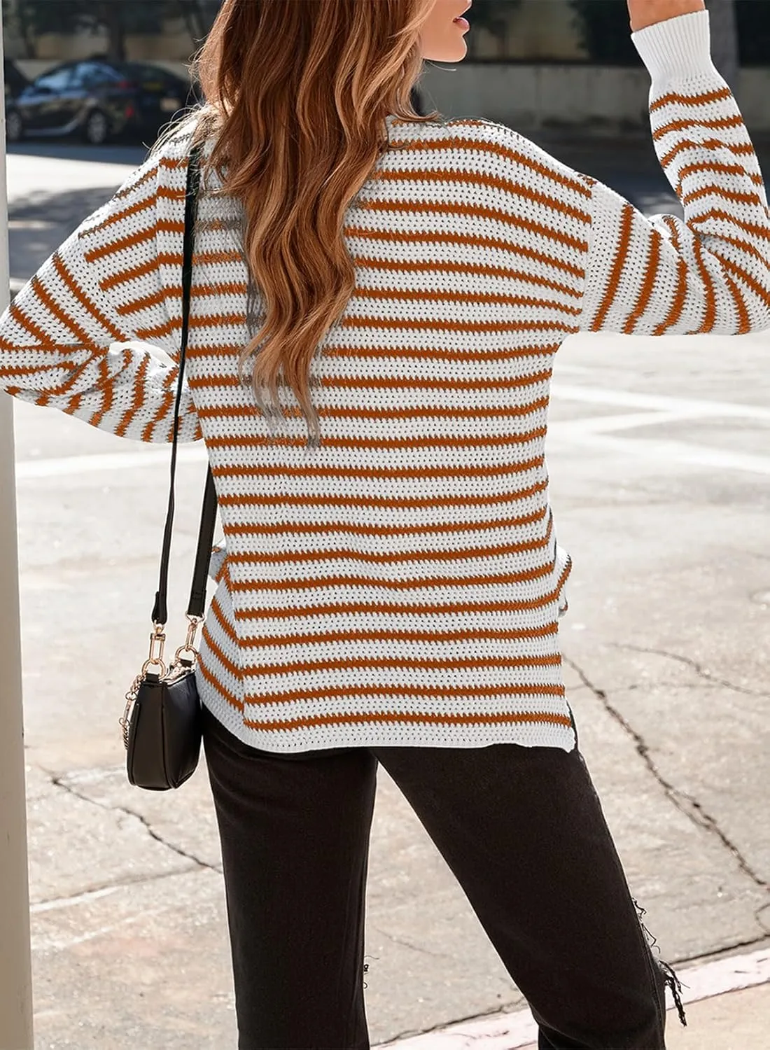Dokotoo Sweaters for Women Crewneck Long Sleeve Striped Color Block Loose Knit Pullover Sweater Tops