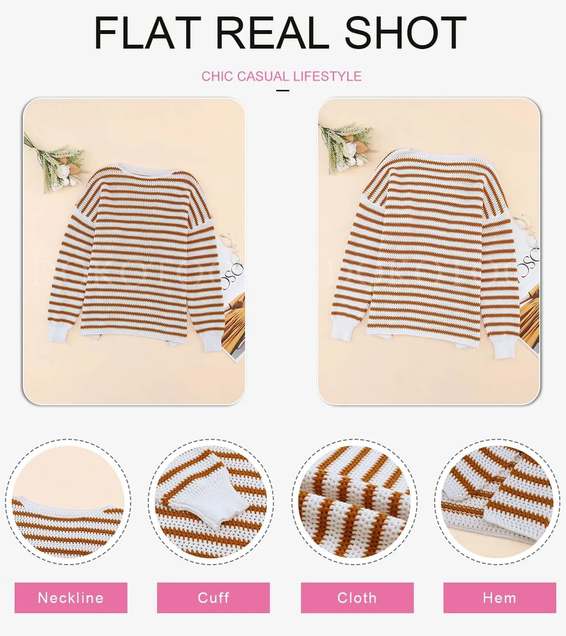 Dokotoo Sweaters for Women Crewneck Long Sleeve Striped Color Block Loose Knit Pullover Sweater Tops