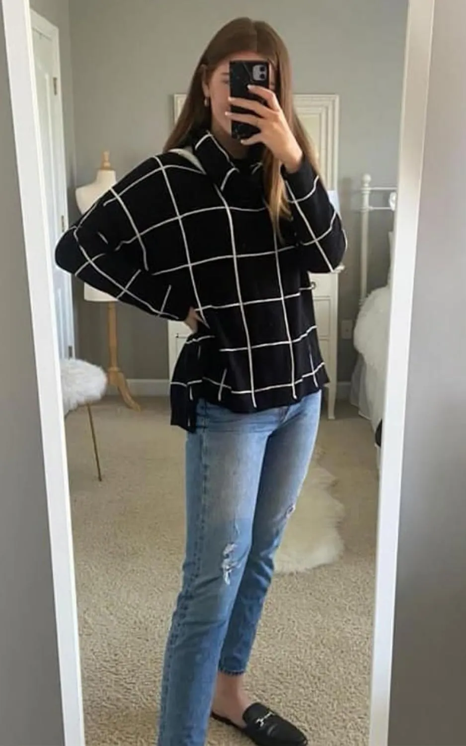 ECOWISH Women Fall Pullover Sweater Turtleneck Plaid Long Sleeve Loose Casual Chunky Checked Knit Winter Sweaters Jumper Tops