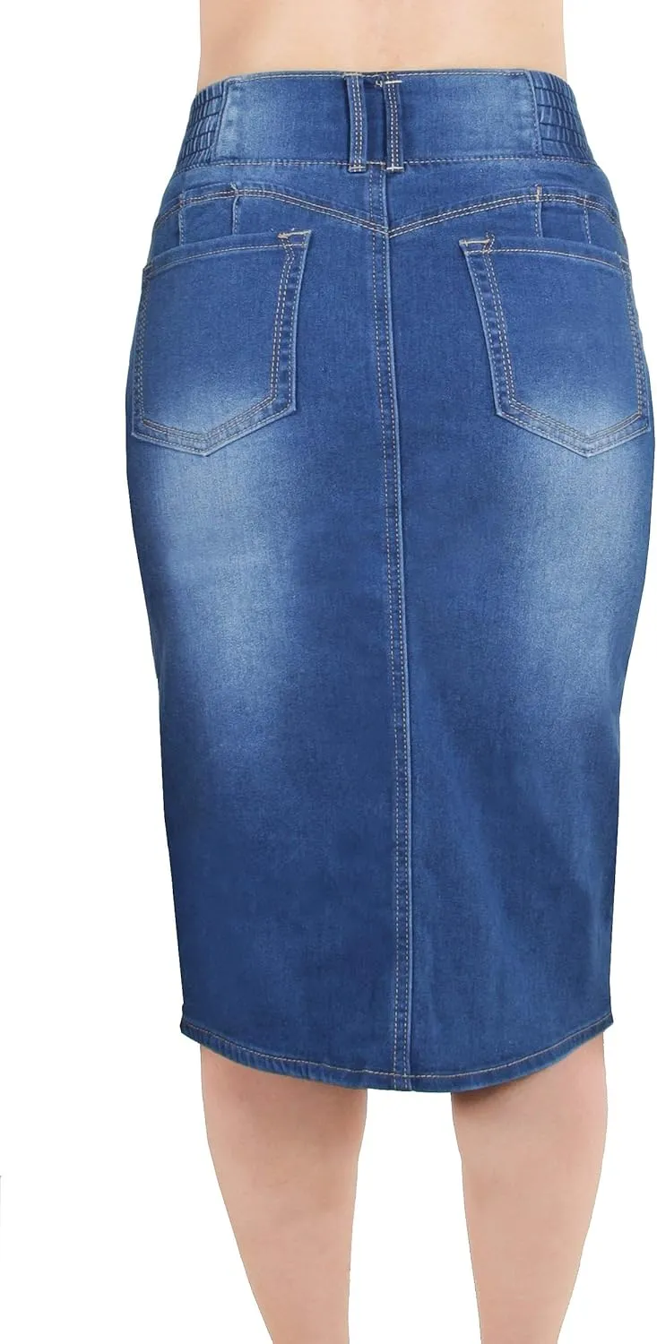 Fashion2Love Women's Juniors/Plus Butt Lifting Pencil Denim Midi Skirt with Elastic Waist