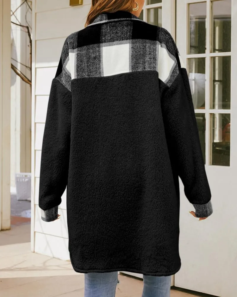 FSHAOES Womens 2024 Winter Coats Fuzzy Fleece Long Jackets Plaid Shacket Button Down Shirts Lightweight Outwear Cardigan