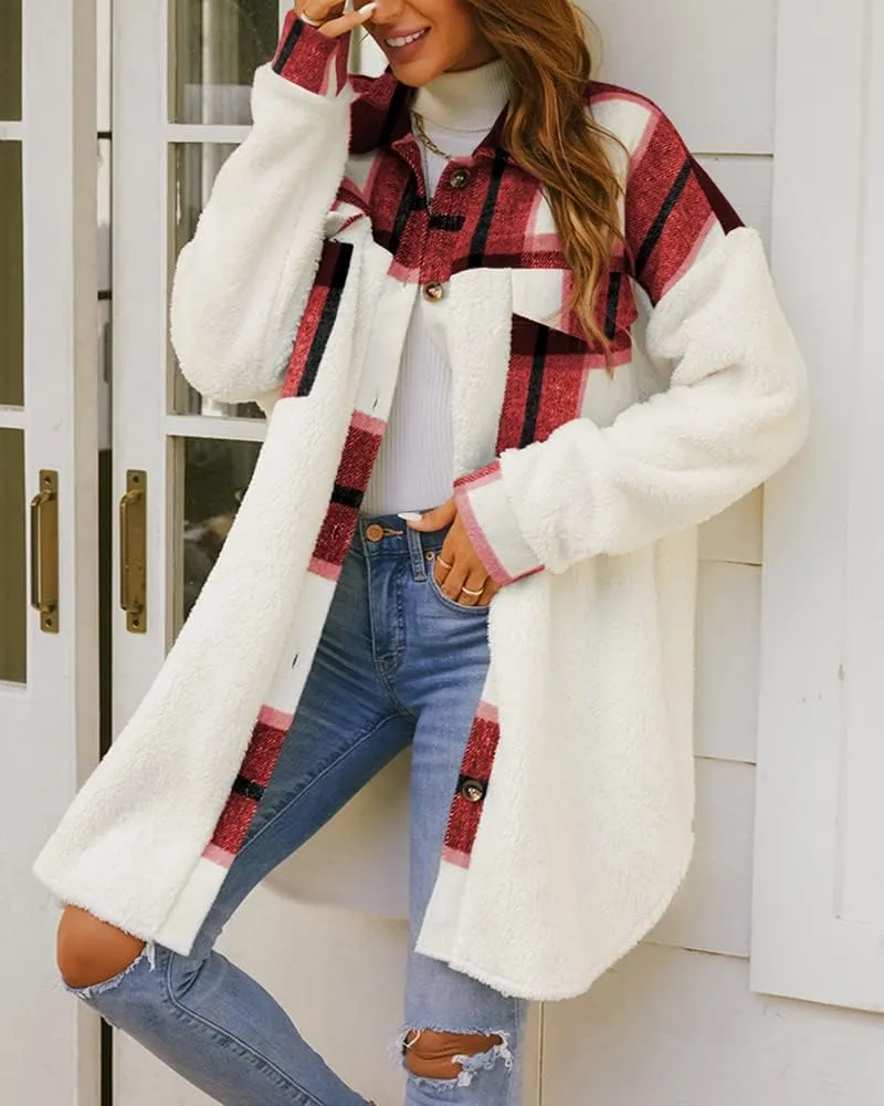 FSHAOES Womens 2024 Winter Coats Fuzzy Fleece Long Jackets Plaid Shacket Button Down Shirts Lightweight Outwear Cardigan