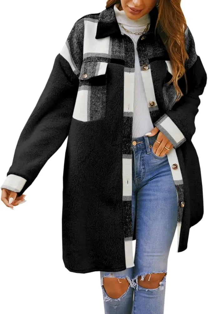 FSHAOES Womens 2024 Winter Coats Fuzzy Fleece Long Jackets Plaid Shacket Button Down Shirts Lightweight Outwear Cardigan
