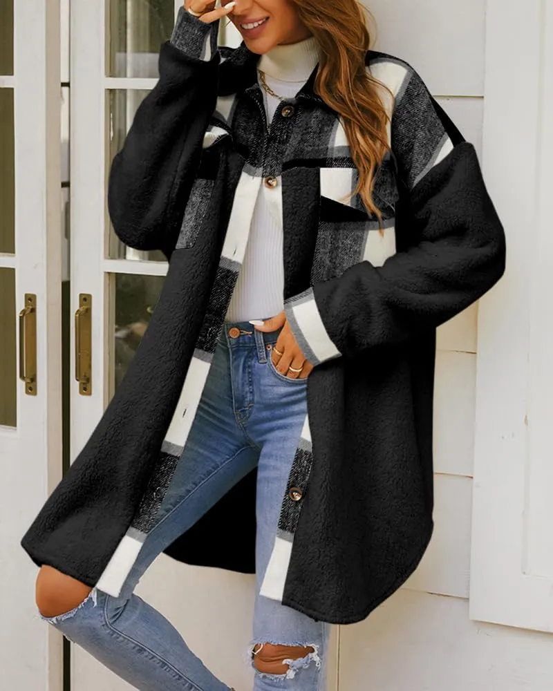 FSHAOES Womens 2024 Winter Coats Fuzzy Fleece Long Jackets Plaid Shacket Button Down Shirts Lightweight Outwear Cardigan