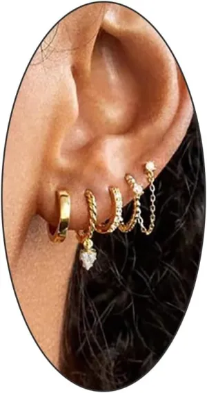 Gold Stacked Hoop Earring Set for Women Teen Girls, Dainty Pearl Zircon Drop Chain Piercing Earring Set, Multiple Twisted Lightweight Statement Jewelry Gifts
