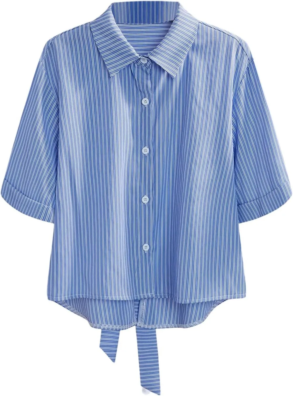 GORGLITTER Women's Bow Tie Split Back Striped Button Down Shirt Half Sleeve Collar Blouse
