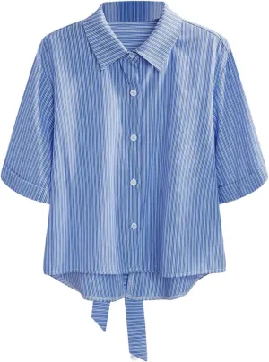 GORGLITTER Women's Bow Tie Split Back Striped Button Down Shirt Half Sleeve Collar Blouse