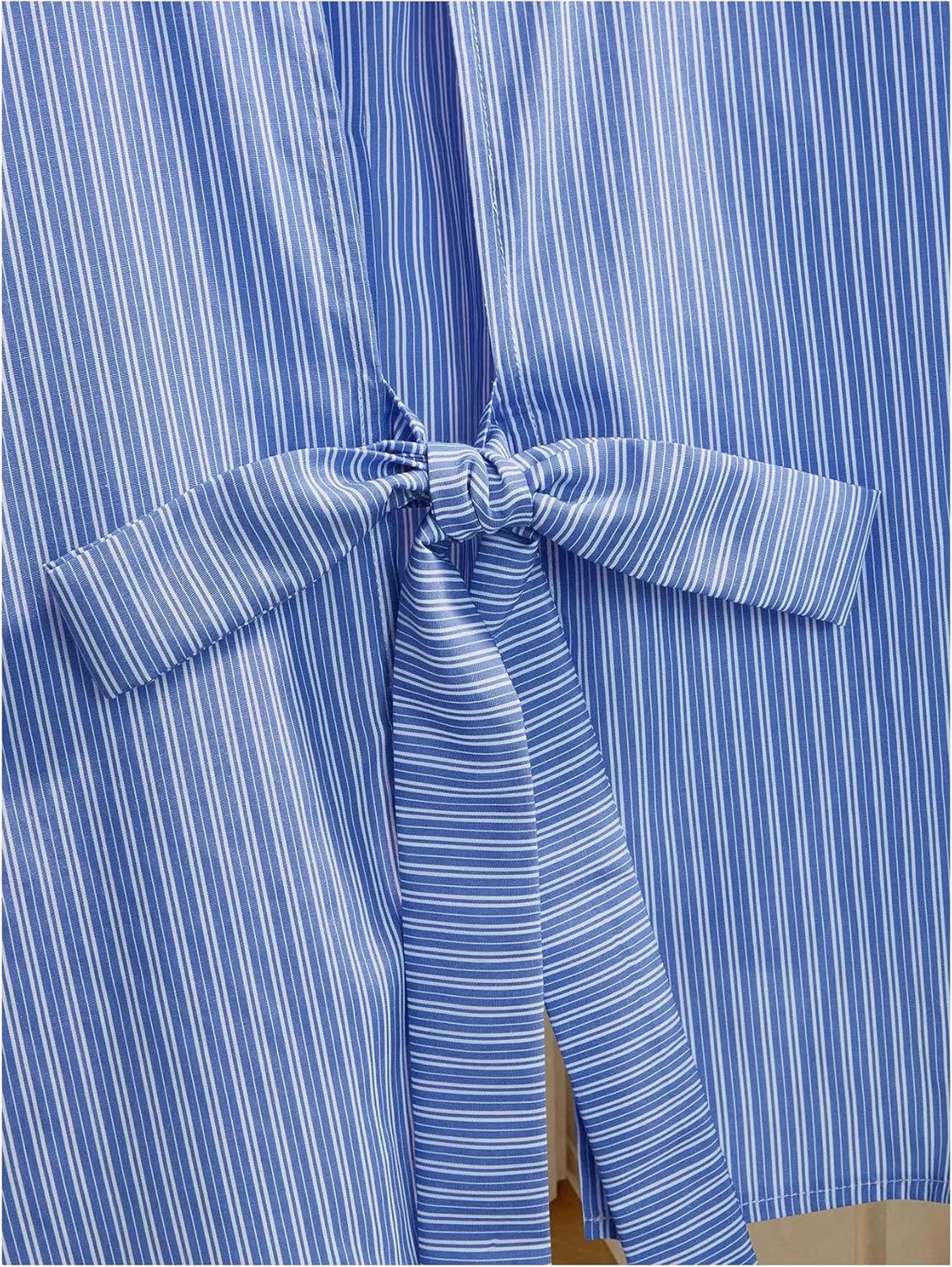 GORGLITTER Women's Bow Tie Split Back Striped Button Down Shirt Half Sleeve Collar Blouse
