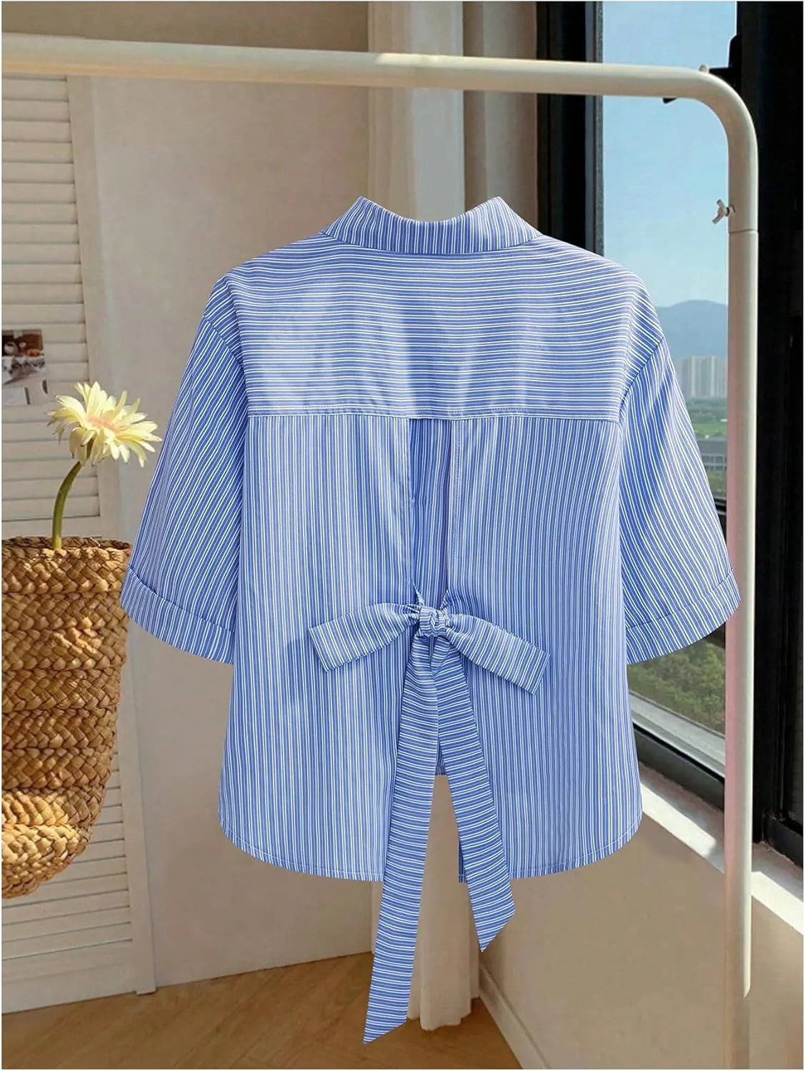 GORGLITTER Women's Bow Tie Split Back Striped Button Down Shirt Half Sleeve Collar Blouse