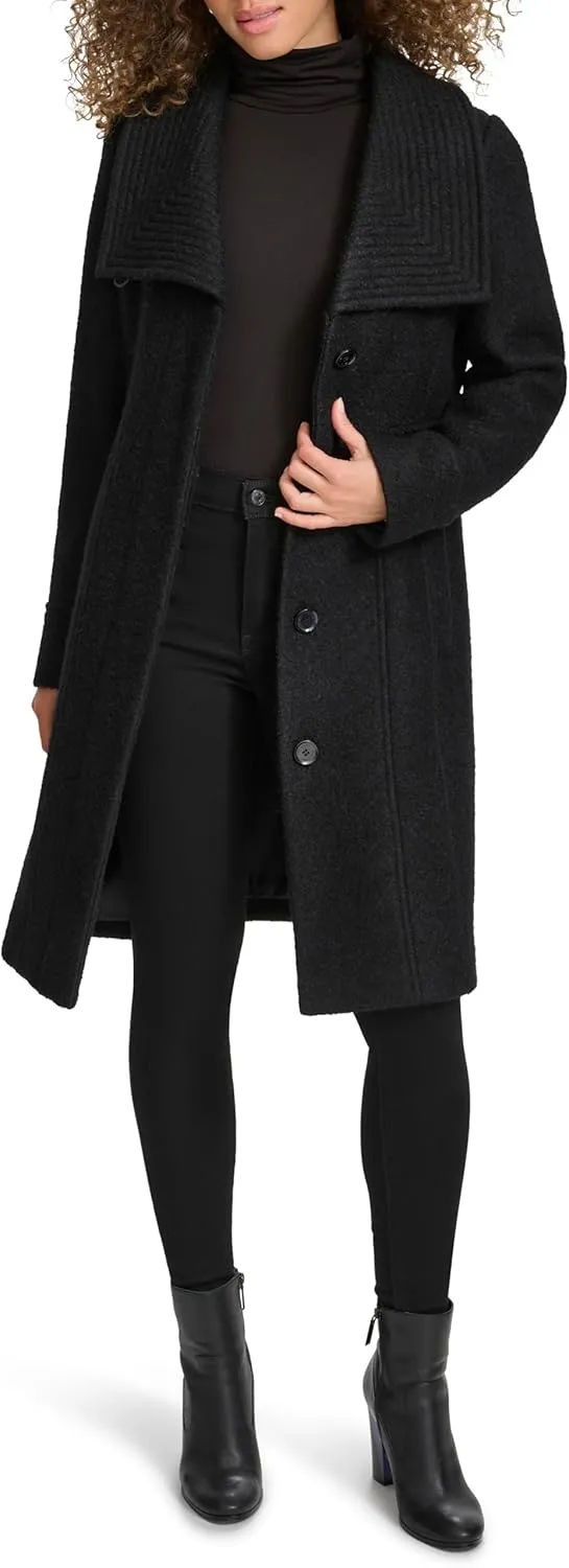 Kenneth Cole Women's Pressed Boucle Wool Coat with Oversized Wing Collar