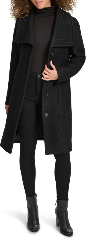 Kenneth Cole Women's Pressed Boucle Wool Coat with Oversized Wing Collar