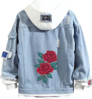 Lpstop Red Rose Flower Print Denim Jacket Graphic Hoodie Y2K Lightweight Jacket for Teen Adult