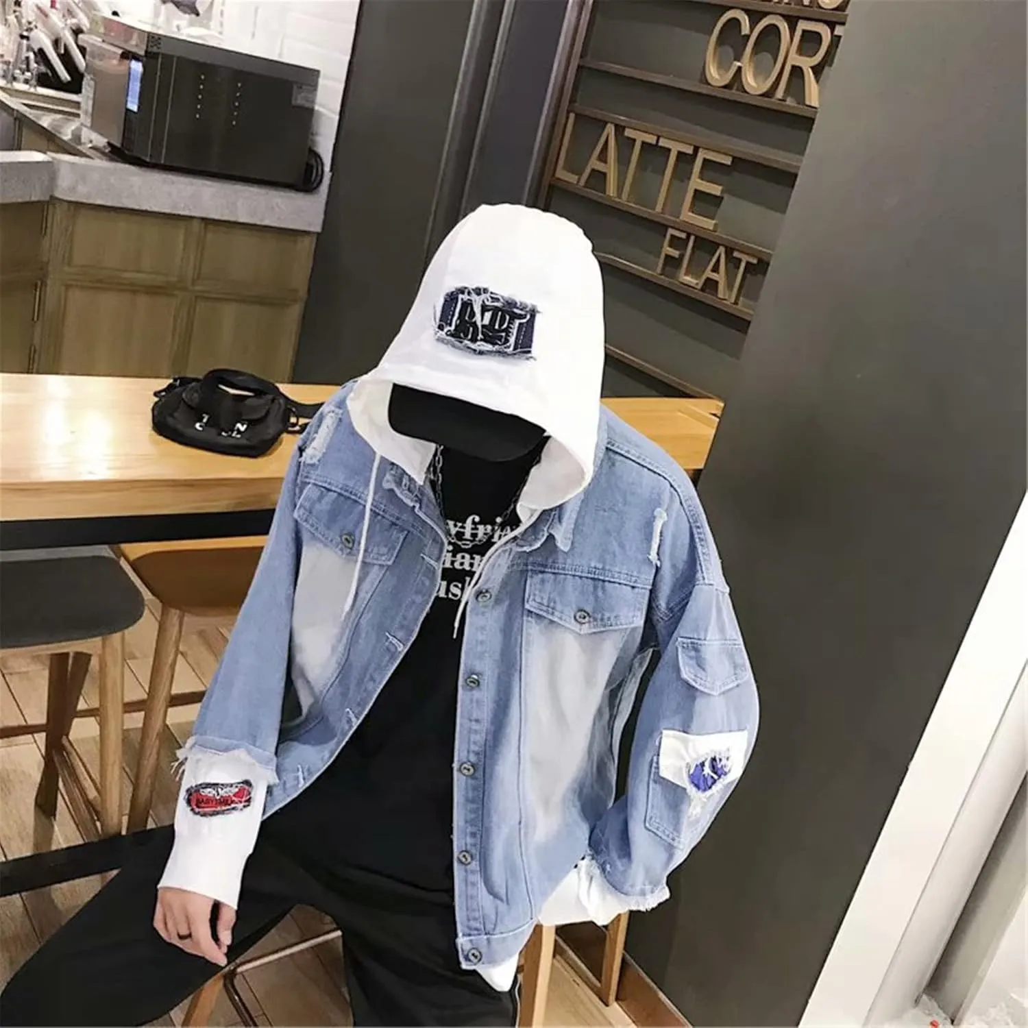 Lpstop Red Rose Flower Print Denim Jacket Graphic Hoodie Y2K Lightweight Jacket for Teen Adult