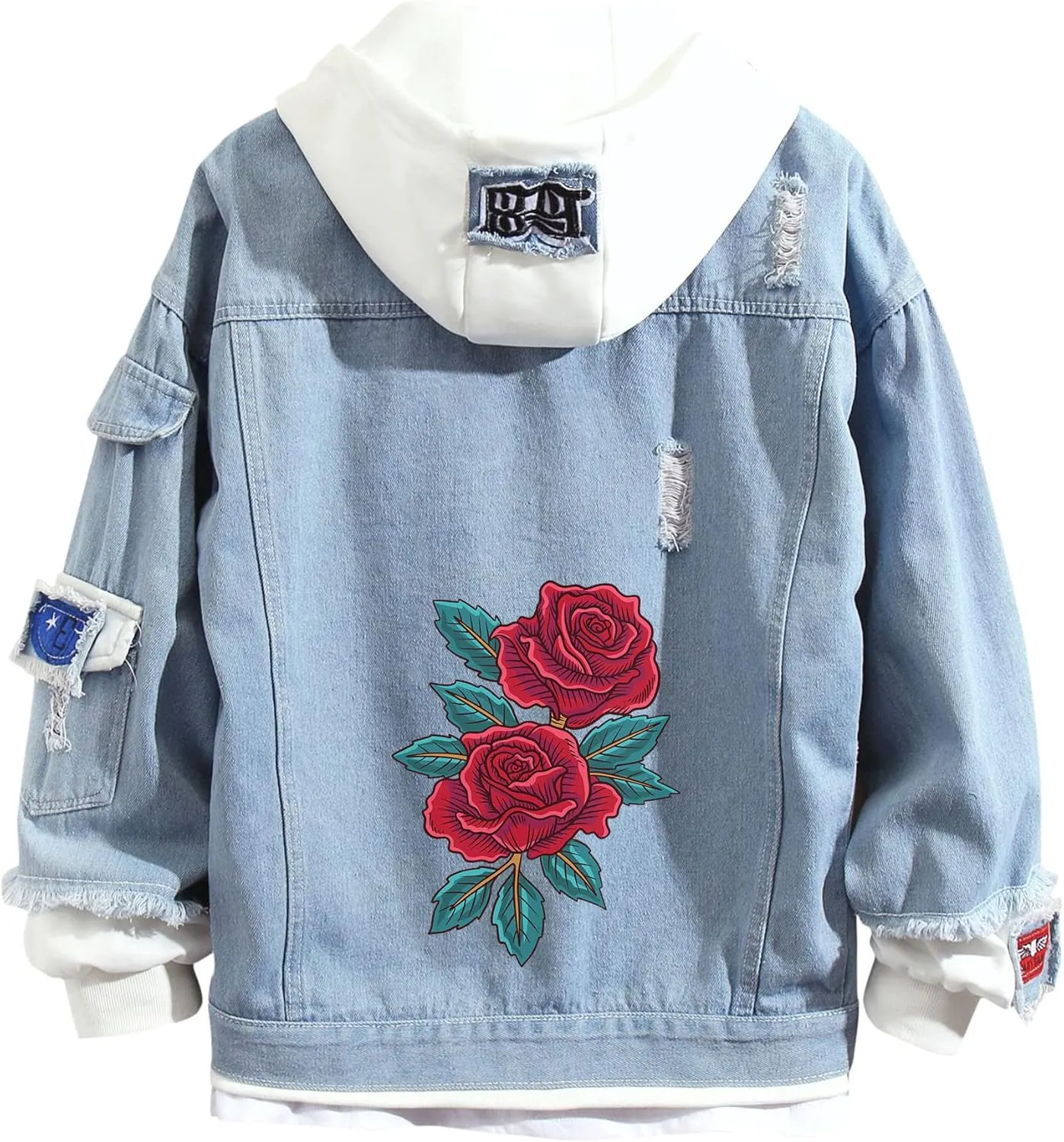 Lpstop Red Rose Flower Print Denim Jacket Graphic Hoodie Y2K Lightweight Jacket for Teen Adult