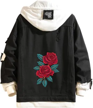 Lpstop Red Rose Flower Print Denim Jacket Graphic Hoodie Y2K Lightweight Jacket for Teen Adult