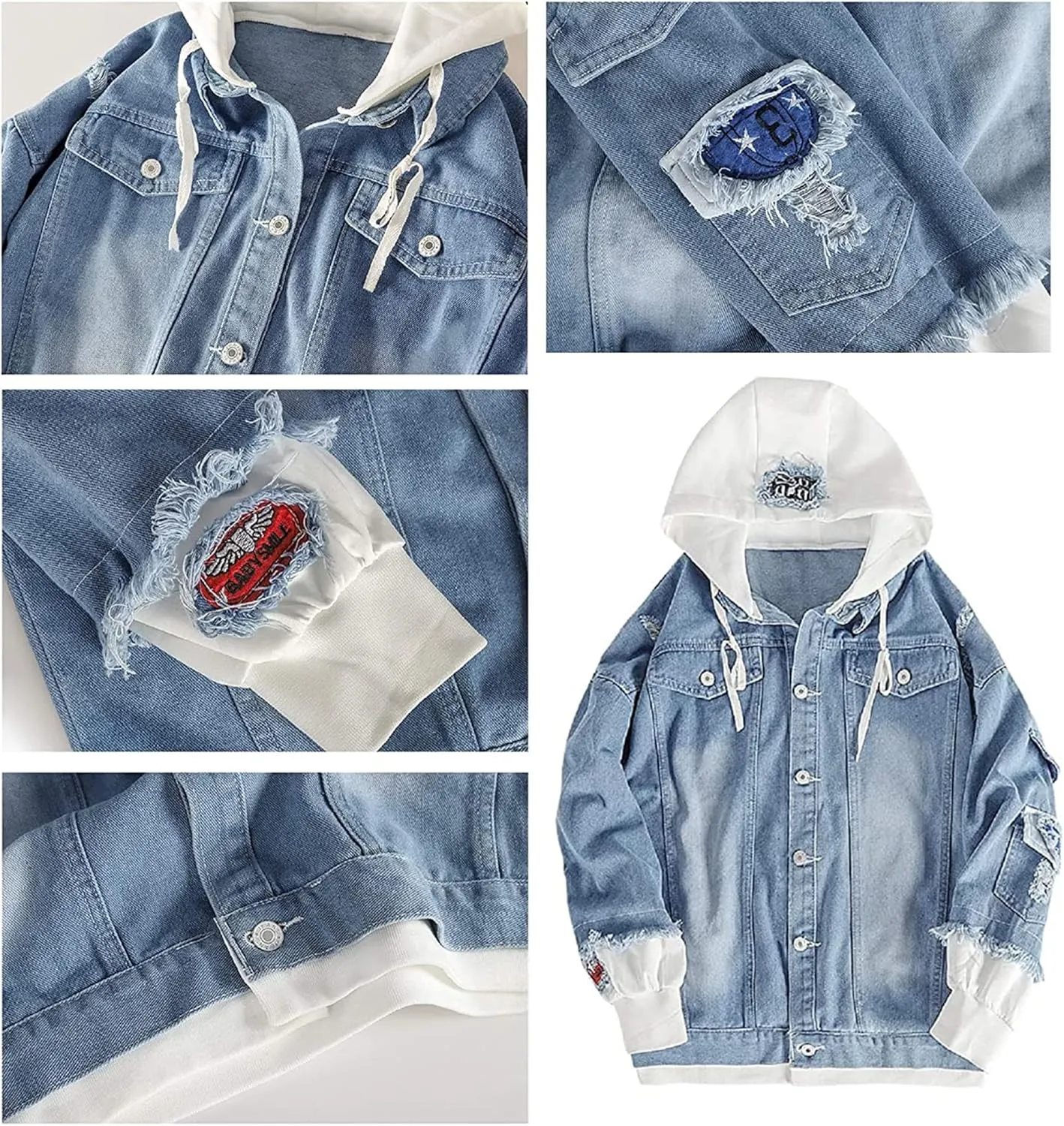 Lpstop Red Rose Flower Print Denim Jacket Graphic Hoodie Y2K Lightweight Jacket for Teen Adult