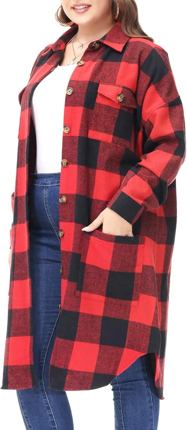 MCEDAR Women's Oversized Long Plaid Shacket Jacket Casual Lapel Long Sleeve Button Down Plus Size Flannel Shirt (S-4X)