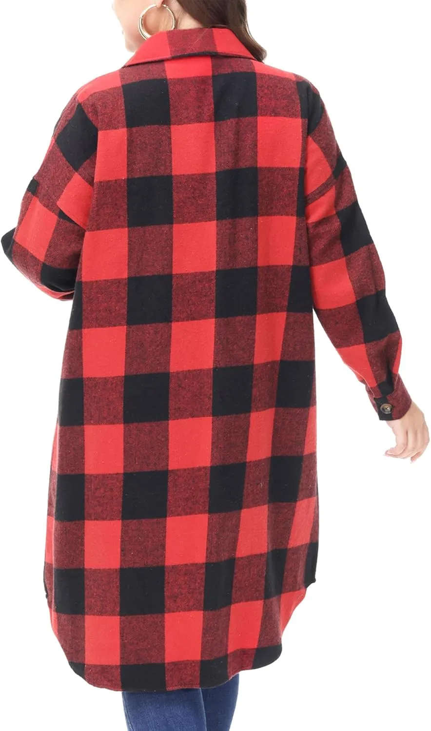 MCEDAR Women's Oversized Long Plaid Shacket Jacket Casual Lapel Long Sleeve Button Down Plus Size Flannel Shirt (S-4X)