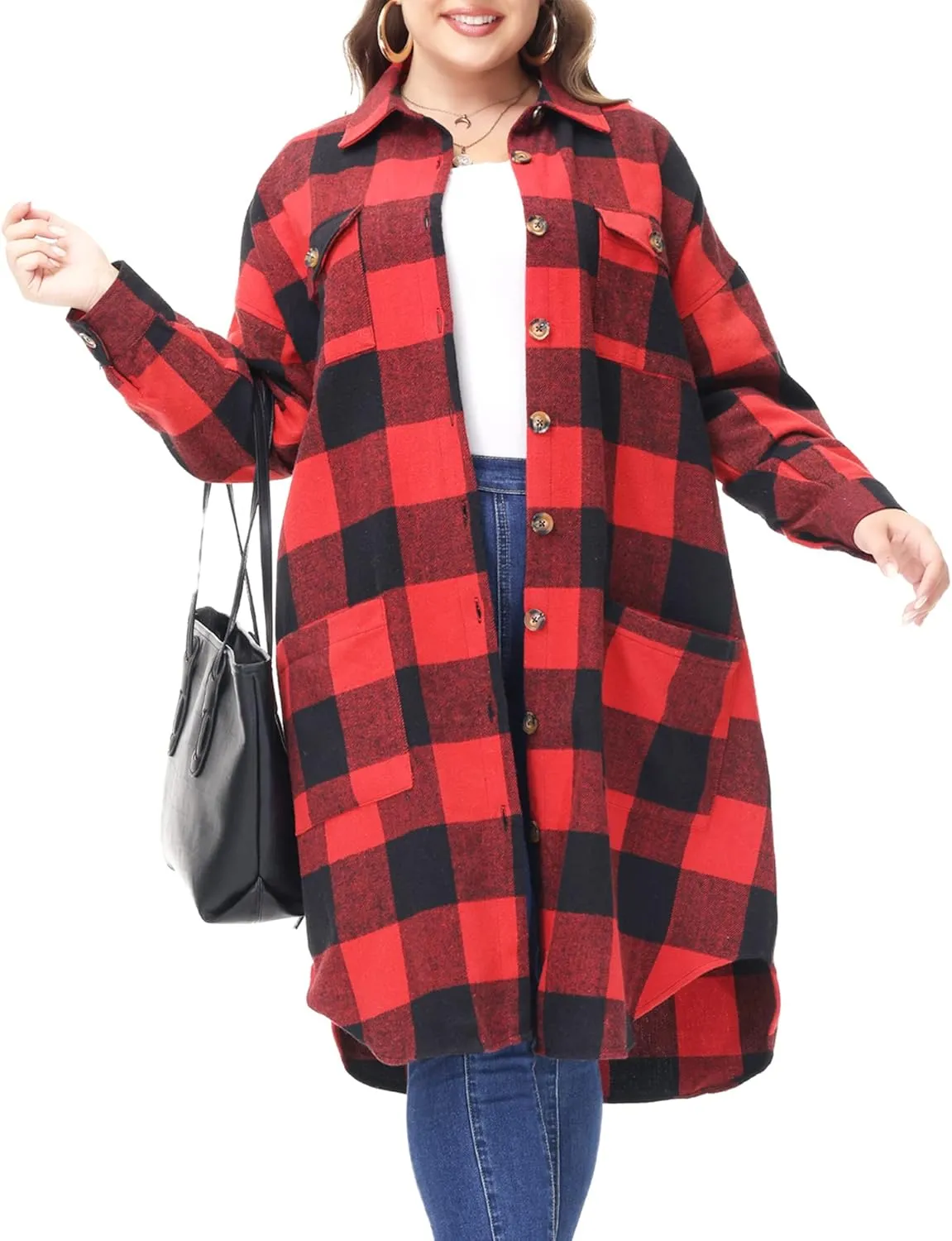 MCEDAR Women's Oversized Long Plaid Shacket Jacket Casual Lapel Long Sleeve Button Down Plus Size Flannel Shirt (S-4X)