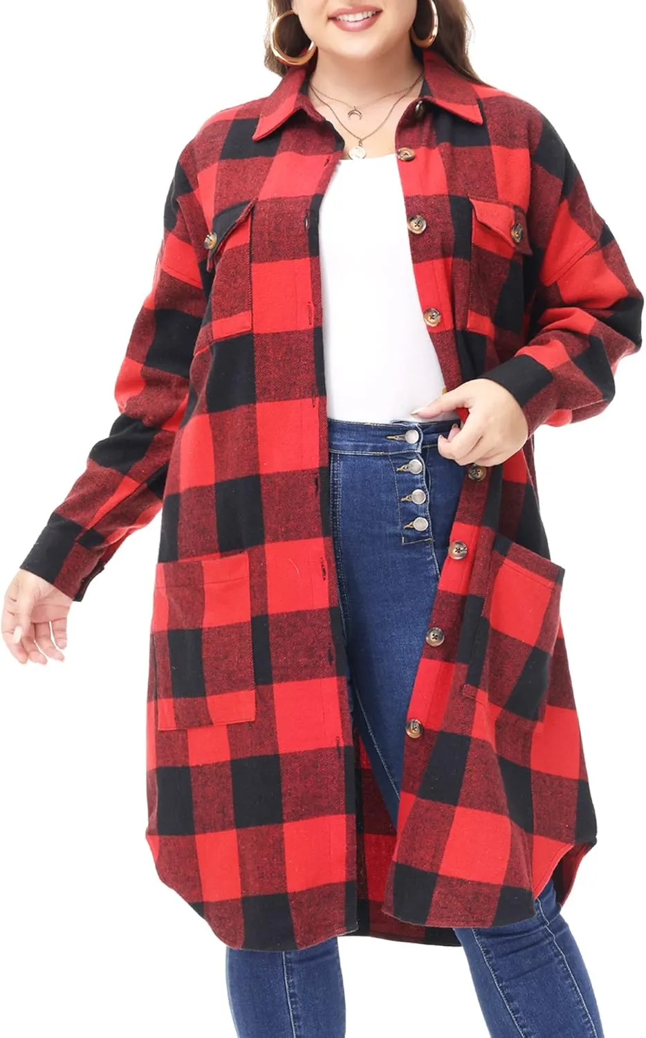 MCEDAR Women's Oversized Long Plaid Shacket Jacket Casual Lapel Long Sleeve Button Down Plus Size Flannel Shirt (S-4X)