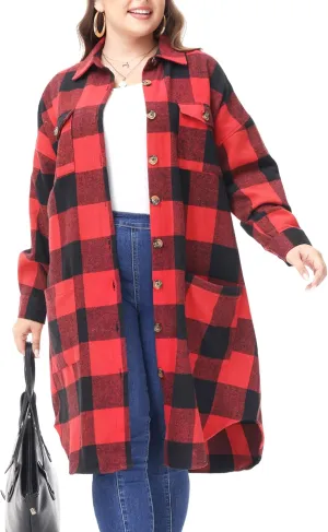 MCEDAR Women's Oversized Long Plaid Shacket Jacket Casual Lapel Long Sleeve Button Down Plus Size Flannel Shirt (S-4X)