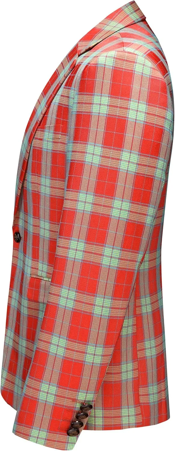 Mens Blazer Plaid Sport Coats One Button Casual Slim Fit Checked Jacket