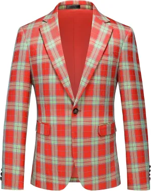 Mens Blazer Plaid Sport Coats One Button Casual Slim Fit Checked Jacket