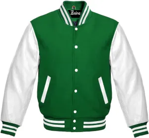 Men's Green Wool & White Genuine Leather Sleeves Varsity Jacket - Classic Letterman Style Bomber Jacket"