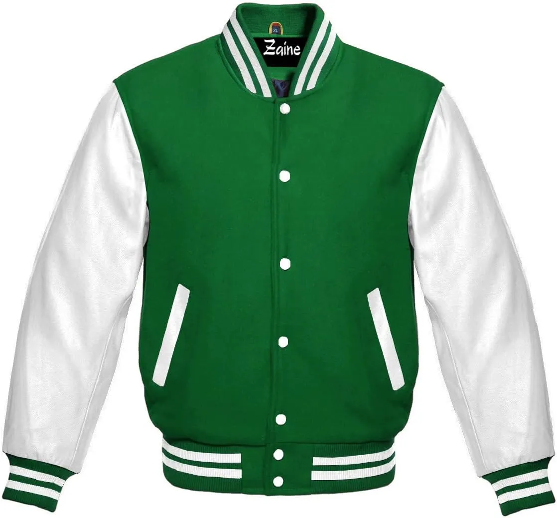 Men's Green Wool & White Genuine Leather Sleeves Varsity Jacket - Classic Letterman Style Bomber Jacket"