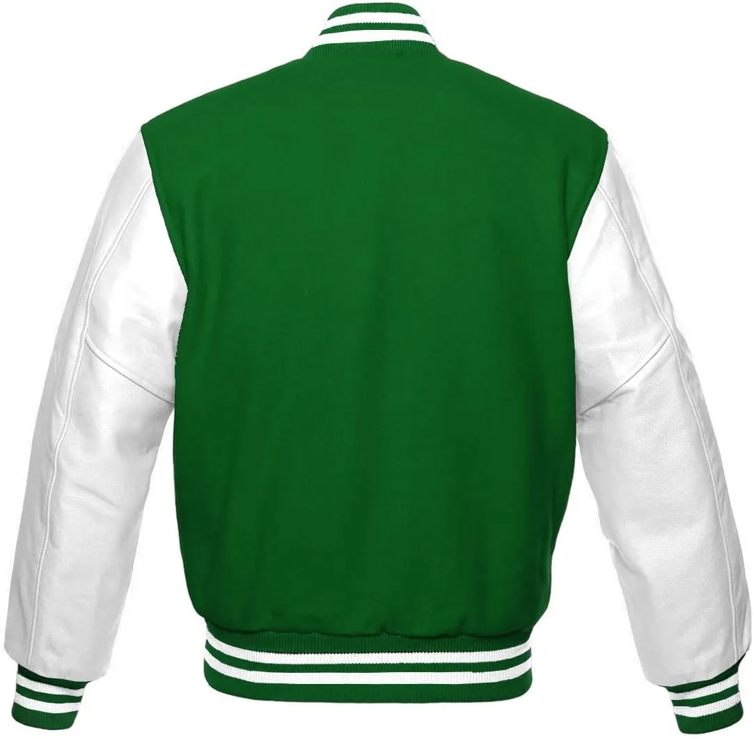 Men's Green Wool & White Genuine Leather Sleeves Varsity Jacket - Classic Letterman Style Bomber Jacket"