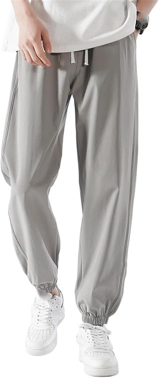 Men's Pant Ice Silk Sports Cropped Loose Drawstring Sweatpants Summer Lightweight Casual Trouser for Men