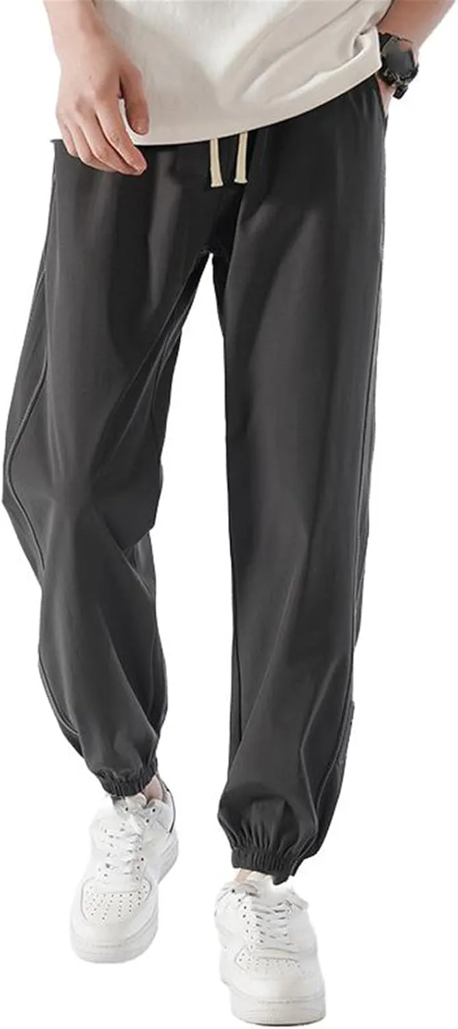Men's Pant Ice Silk Sports Cropped Loose Drawstring Sweatpants Summer Lightweight Casual Trouser for Men
