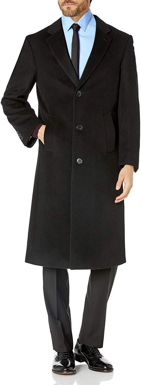 Men's Single Breasted Black Luxury Wool/Cashmere Full Length Topcoat