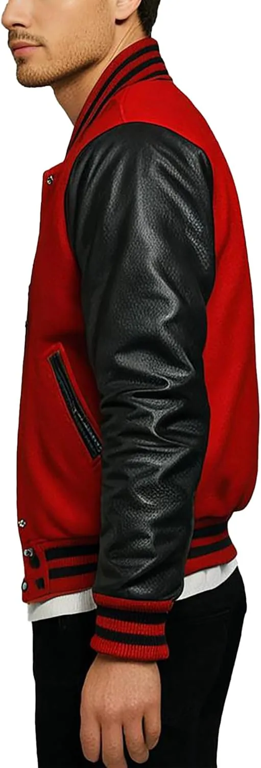 Mens Varsity Letterman Baseball Bomber Jacket | Casual Fashion Wool & Faux Leather College/High School Jackets