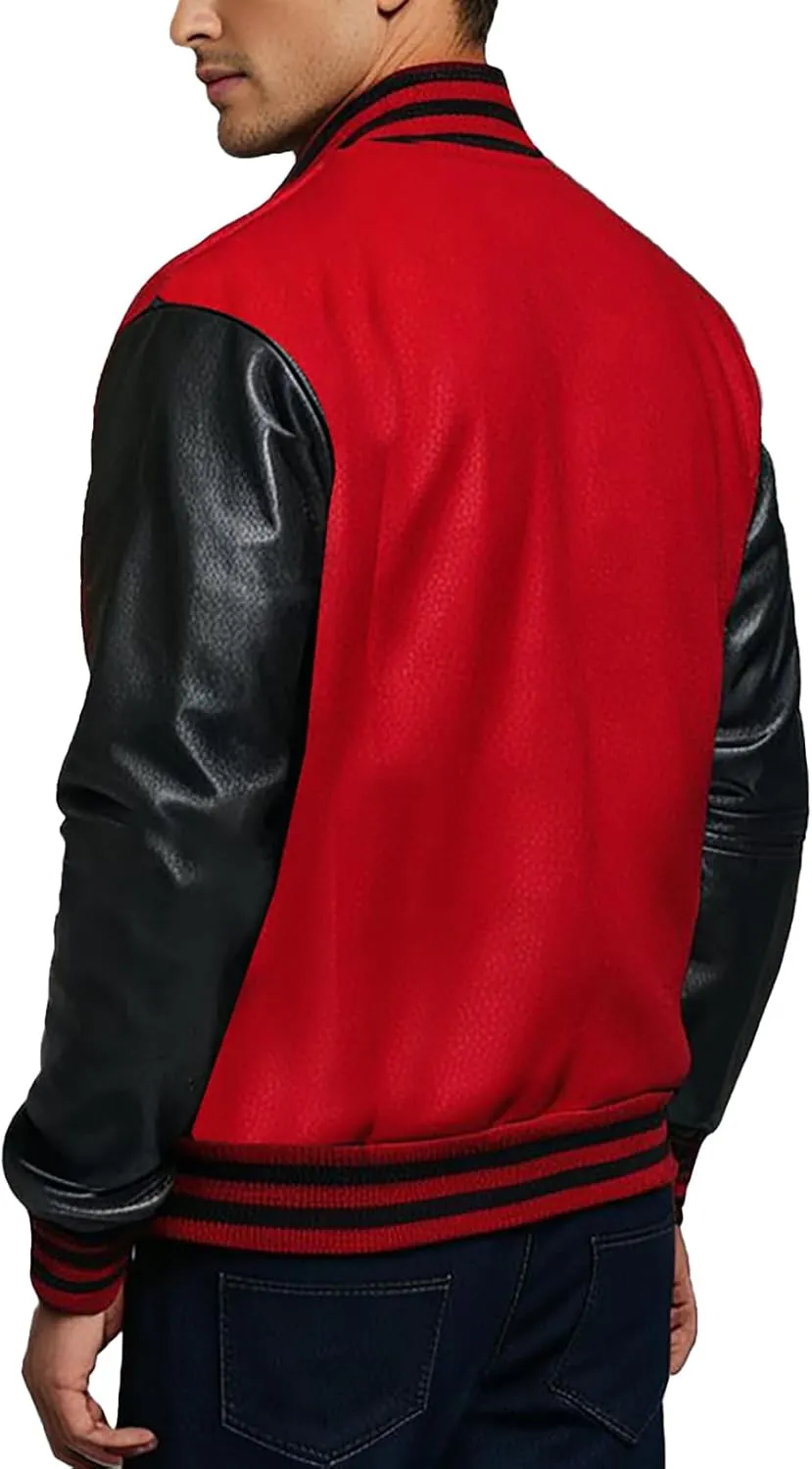 Mens Varsity Letterman Baseball Bomber Jacket | Casual Fashion Wool & Faux Leather College/High School Jackets